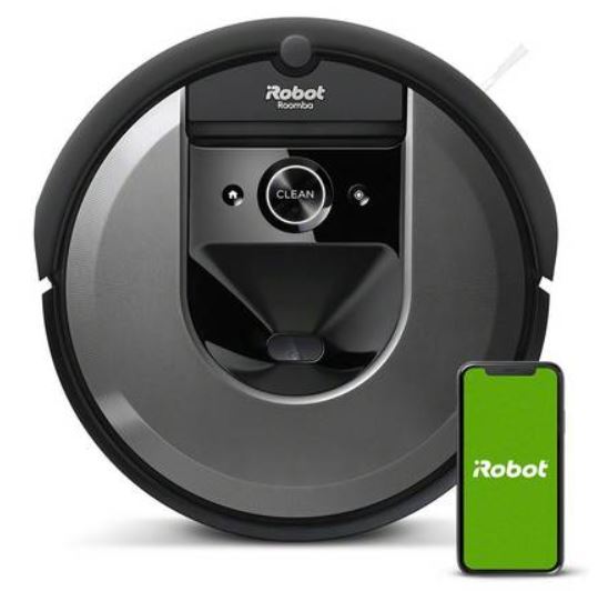 A iRobot Roomba i7 has a phone before it 
